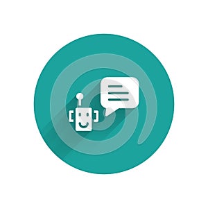 White Bot icon isolated with long shadow. Robot icon. Green circle button. Vector