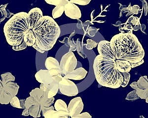 White Botanical Garden. Navy Orchid Decor. Azure Hibiscus Decor. Flower Garden. Watercolor Backdrop. Seamless Decor. Pattern Set.