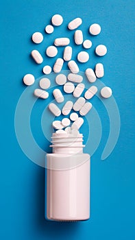 White bottle against blue background with multiple pills emerging irregularly, varying in size