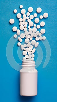 White bottle against blue background with multiple pills emerging irregularly, varying in size