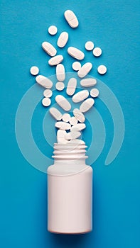 White bottle against blue background with multiple pills emerging irregularly, varying in size