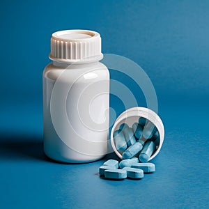 White bottle, blue pills, contrasting against blue background   medication and container