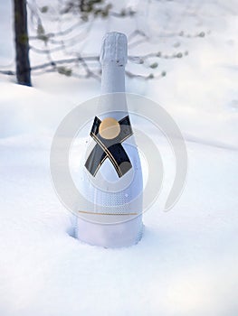 A white bottle of Champagne buried in the white frosty snow ready for party celebrate, season\'s greetings,