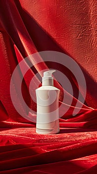 A white bottle of liquid with a pump on a red cloth