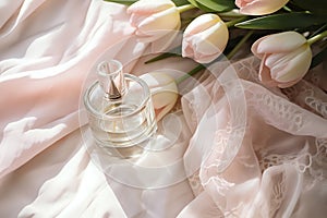 white bottle of perfume with flowers, rose, petals. close up. Beauty background.