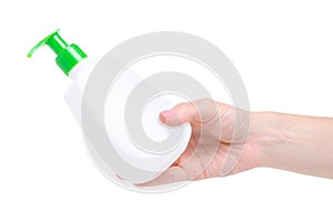 White bottle soap with dispenser in hand