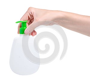 White bottle soap with dispenser in hand