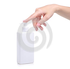 White bottle soap with dispenser in hand