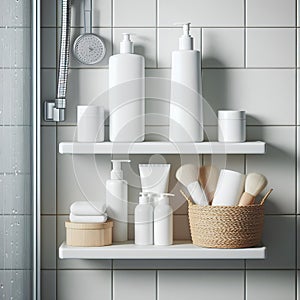 white bottles and tubes with cosmetics on white shelf in the shower stall