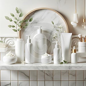 white bottles and tubes with cosmetics on white marble shelf in the bathroom for relax spa card decor