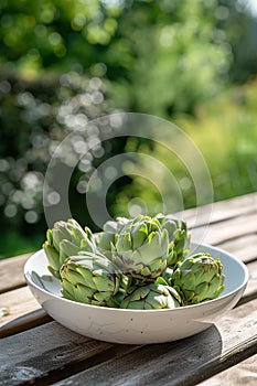 white bowl of artichokes on nature background