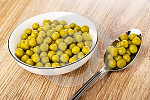 White bowl with canned green peas, spoon with green peas on wooden table