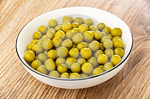 White bowl with canned green peas on wooden table