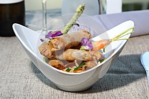 White bowl with crispy vegetables photo