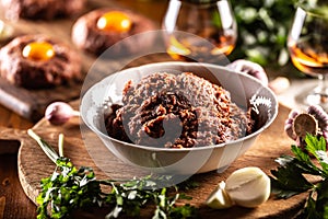 White bowl filled with raw meat ready to prepare delicious steak tartare with savory egg yolks. Already prepared tartares in the