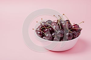 White bowl of fresh red cherries on a pink background. Copy space. close-up