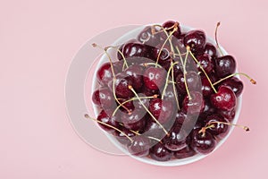 White bowl of fresh red cherries on a pink background. Copy space. Top view. close-up