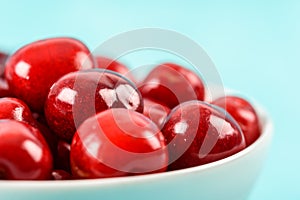 White Bowl Of Fresh Red Cherries On Turquoise