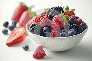 A white bowl of mixed fresh berries on white background. Generative AI