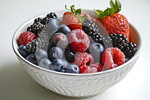 A white bowl of mixed fresh berries on white background. Generative AI
