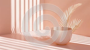 A white bowl with a palm leaf on top sits in a room with pink walls