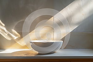 A white bowl sits on a countertop