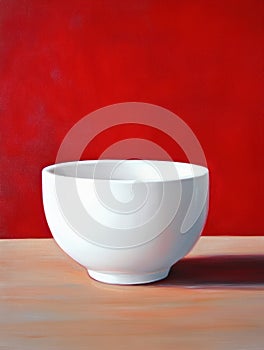 White bowl sits on a table with a red background