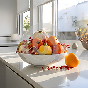 A white bowl with tiny pumpkins and seeds in it against the backdrop of the kitchen. Pumpkin as a dish of thanksgiving for the