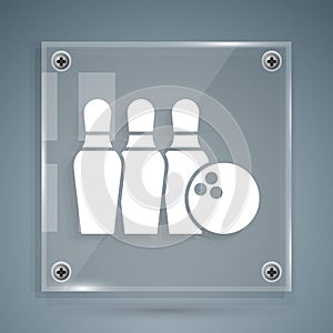 White Bowling pin and ball icon isolated on grey background. Sport equipment. Square glass panels. Vector