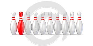 White bowling pins lined and red one. 3D