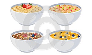 White Bowls of Breakfast Cereal and Cornflakes with Berries Vector Set