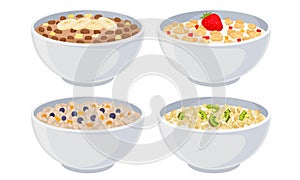 White Bowls of Breakfast Cereal and Cornflakes with Berries Vector Set