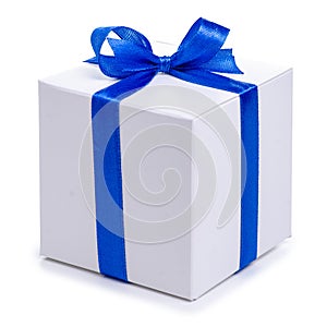 White box with blue ribbon bow gift