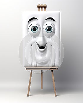 a white box with a face painted on it and a wooden easel. generative ai