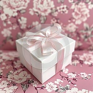 White box on pink backgraund, gift box mockup, bow