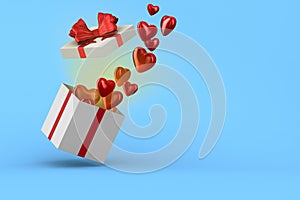 White box with red bow and hearts on blue background. Isolated 3D illustration