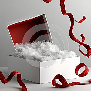 A white box with a red ribbon coming out of it photo