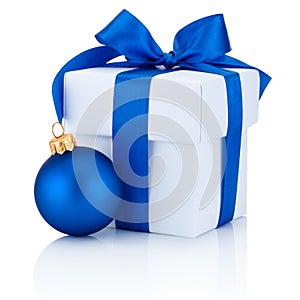 White box tied blue ribbon bow and Christmas ball Isolated