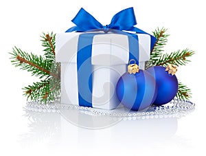 White box tied blue ribbon bow, pine tree branch and two christmas balls Isolated on white