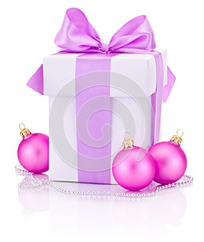 White box tied Pink ribbon bow and three Christmas balls