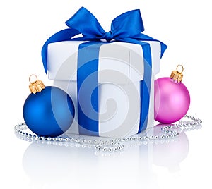 White box tied ribbon bow, blue and pink Christmas balls Isolated