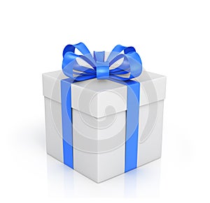 The white box wrapped with blue ribbon with