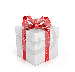 The white box wrapped with red ribbon with a bow