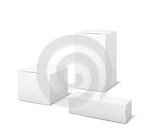 White boxes. Blank package medical and cosmetics box 3d products paper packaging cartons isolated vector mockup