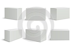 White boxes templates. Blank medical box 3d isolated paper packaging. Rectangle carton package vector mockup