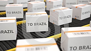 White boxes with TO BRAZIL text on conveyor. Seamless loopable 3D animation