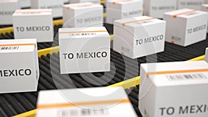White boxes with TO MEXICO text on conveyor. Seamless loopable 3D animation