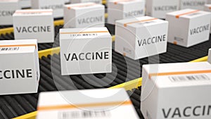 White boxes with VACCINE text on conveyor. Seamless loopable 3D animation