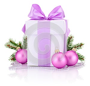 White boxs tied Pink ribbon bow, pine tree branch