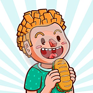 White boy eating baguette sandwich